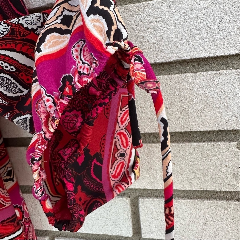 Chico’s Red Patchwork Paisley Peasant Blouse Split Neck Boho Scarf Print Top XL - Picture 12 of 14